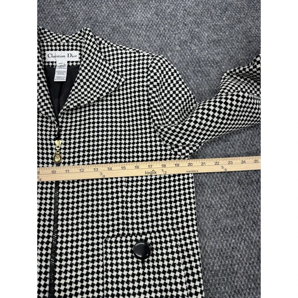 Vintage Christian Dior Women's 10P Crop Full Zip Houndstooth Jacket Blazer USA